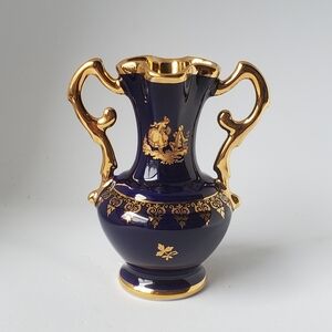 Limoges France Miniature Cobalt Blue Porcelain Handled Vase 22k Gold Trim